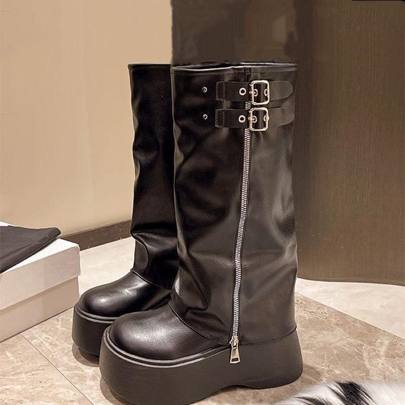 Black Thick-soled Heightening Medium-length Boots for Women's Spring and Autumn 2025 New Fashionable Versatile Muffin Stacking Boots Medium Tube
