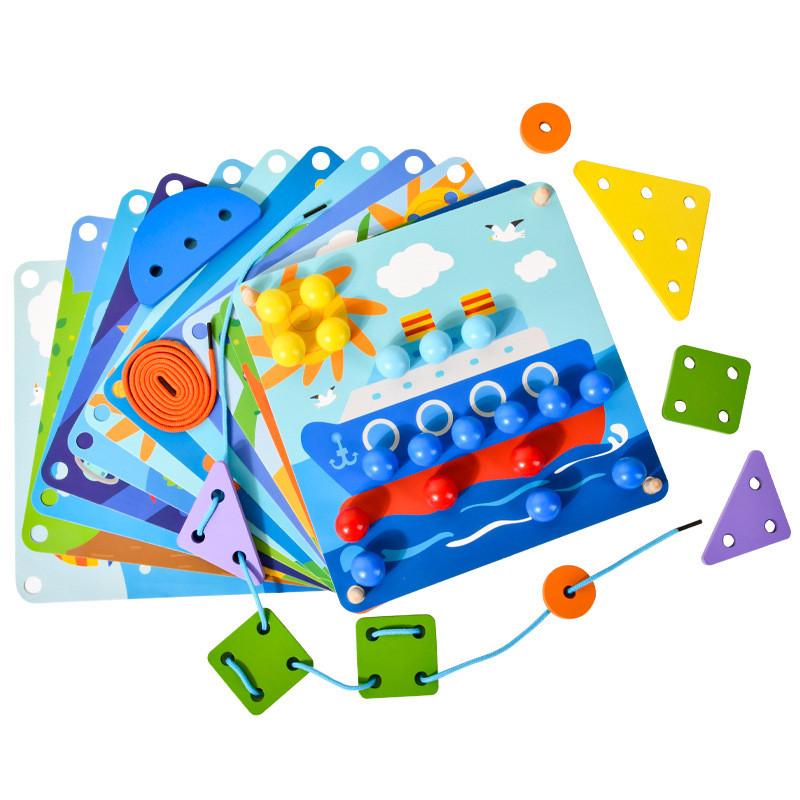 Kids Wooden Educational Threading Board With Mushroom Nail For Brain Development