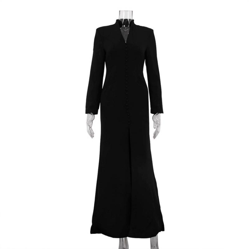 Women's White Stand Collar Deep V Neck Long Sleeve Maxi Dress Button Front High Slit Bodycon Elegant Formal Evening Party Wedding Guest Gown