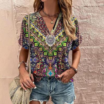 Summer V-neck Design Niche Vintage Pattern Printed Top Women's T-shirts