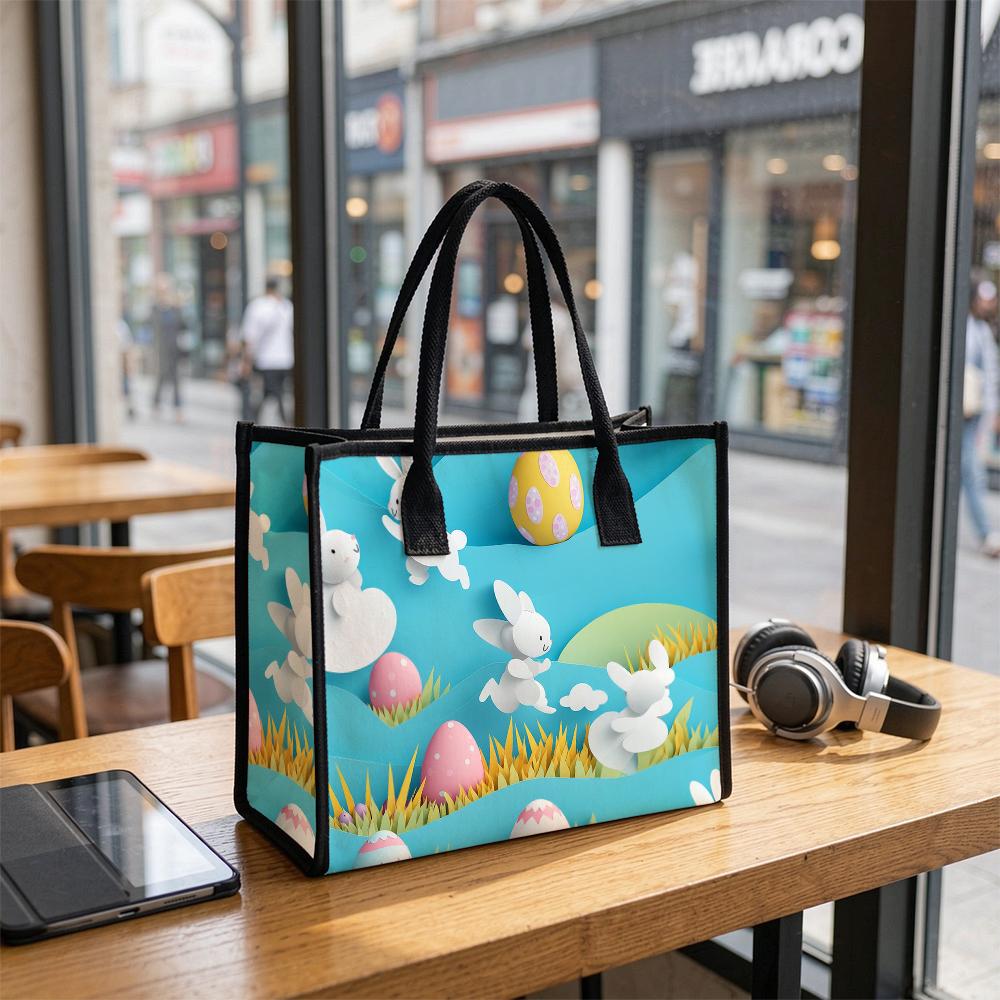 Easter Cartoon Bunny Tote Bag Portable Casual Shopping Handbag for Daily Use