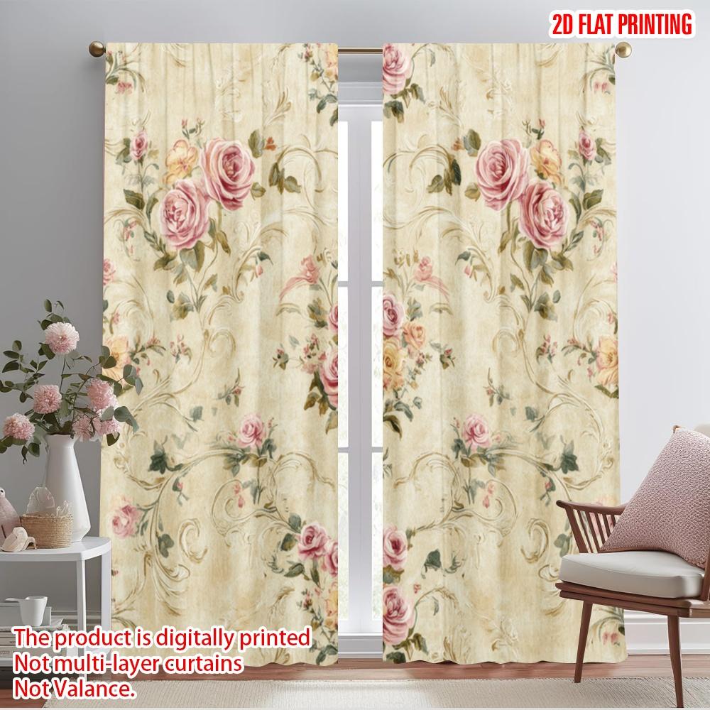 

2 шт., Шторы с рисунком плоской 2D-печати, Винтажные розы(2) 100% полиэстер (без удилища) Праздничное использование для спальни, гостиной, 52.50×116.00 CM 2pcs