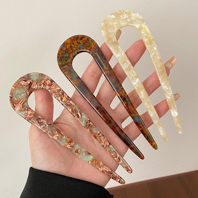 Fashion Marble Print U-Shaped Hair Fork Acetate Geometric Hair Clip Stick For Bun Maker Women Girls DIY Vintage Hairstyle Tools