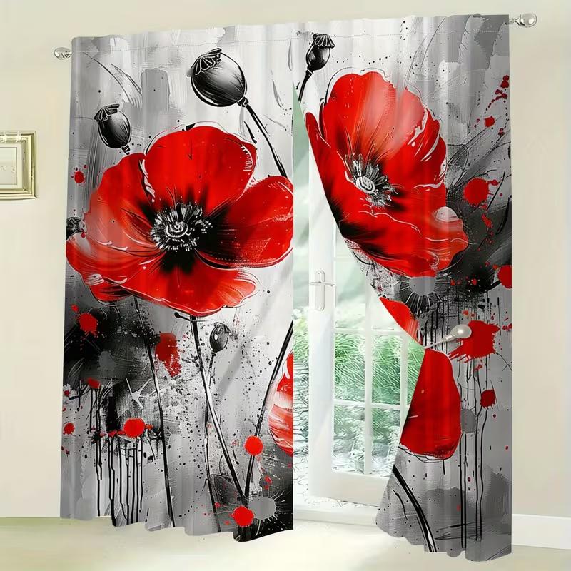 2 Pcs Dark red flowers print curtains,suitable for bedroom,living room kitchen decoration,home decoration,window decoration