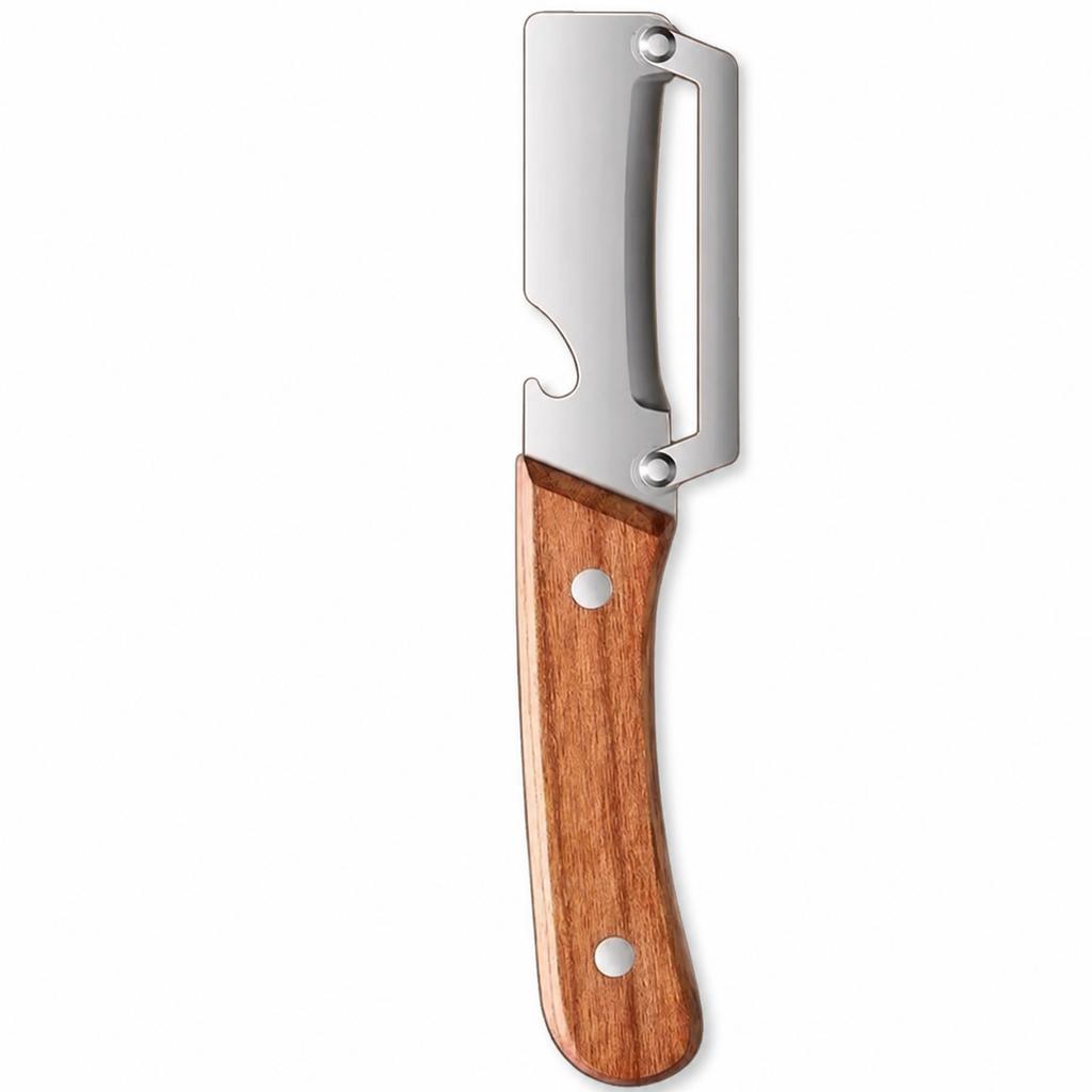 Wooden Handle Vegetable Peeler with Bottle Opener, Stainless Steel Swing Blade for Fruit, Veggies and Sugarcane