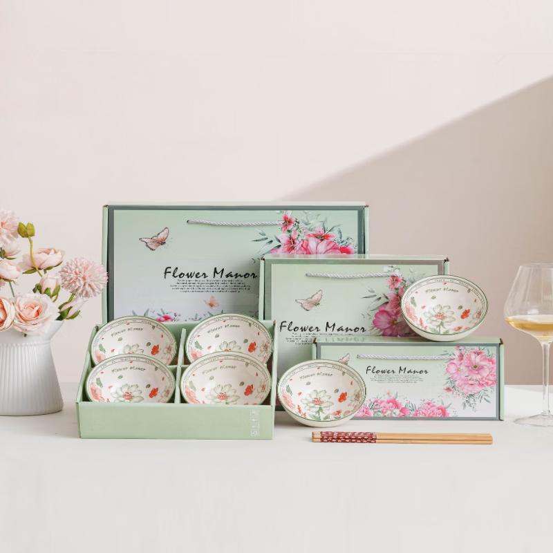 Ruhan Floral Ceramic Bowl and Chopstick Gift Set