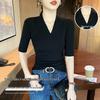Damen Koreanischer Stil Schwarzes V-Ausschnitt Kurzarm T-Shirt: Schlankmachendes Sommer-Mode-Top