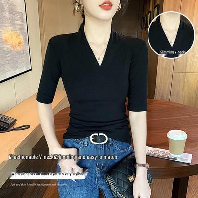 Damen Koreanischer Stil Schwarzes V-Ausschnitt Kurzarm T-Shirt: Schlankmachendes Sommer-Mode-Top