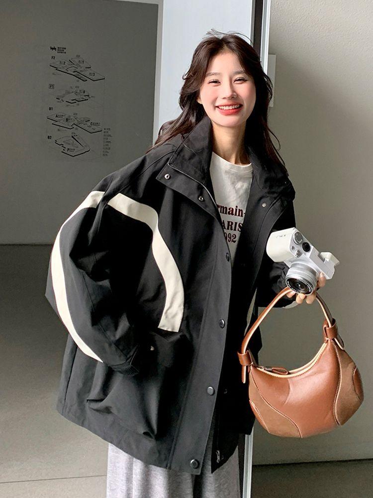 Plus Size Women's Spring Autumn American Style Hooded Jacket Oversized Loose Casual Patchwork Coat Windbreaker