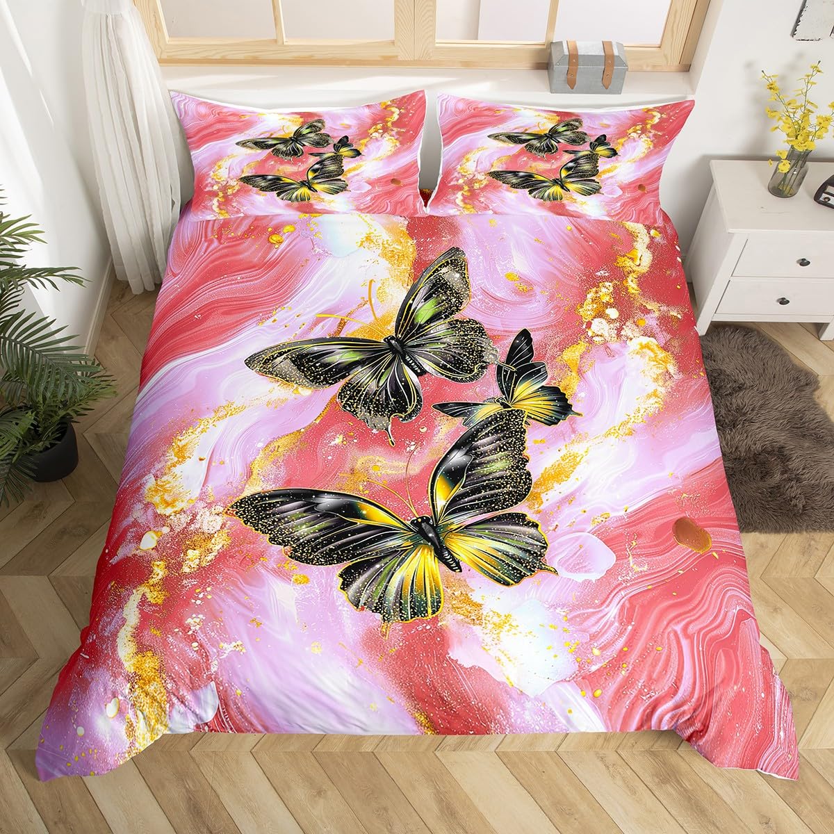 

Comforter Black Marble Teal Butterfly Comforter red Marbling Bedding Sets Fullabstract Ombre Ink Fluid Art Bed Set Comforter (quilt)-EU Single(135*200cm)3pcs