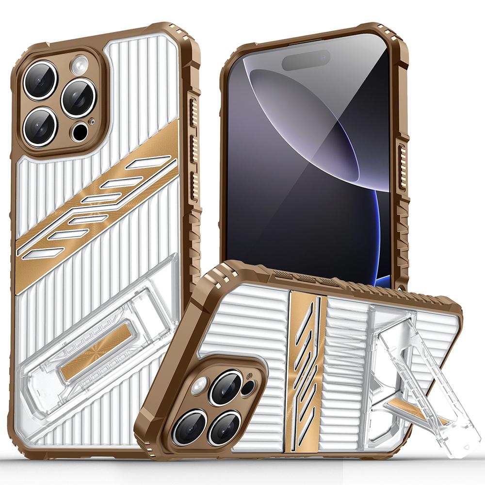 

For iPhone 16 Pro Max Case Folding Kickstand PC+TPU Anti Drop Phone Cover Desert Gold