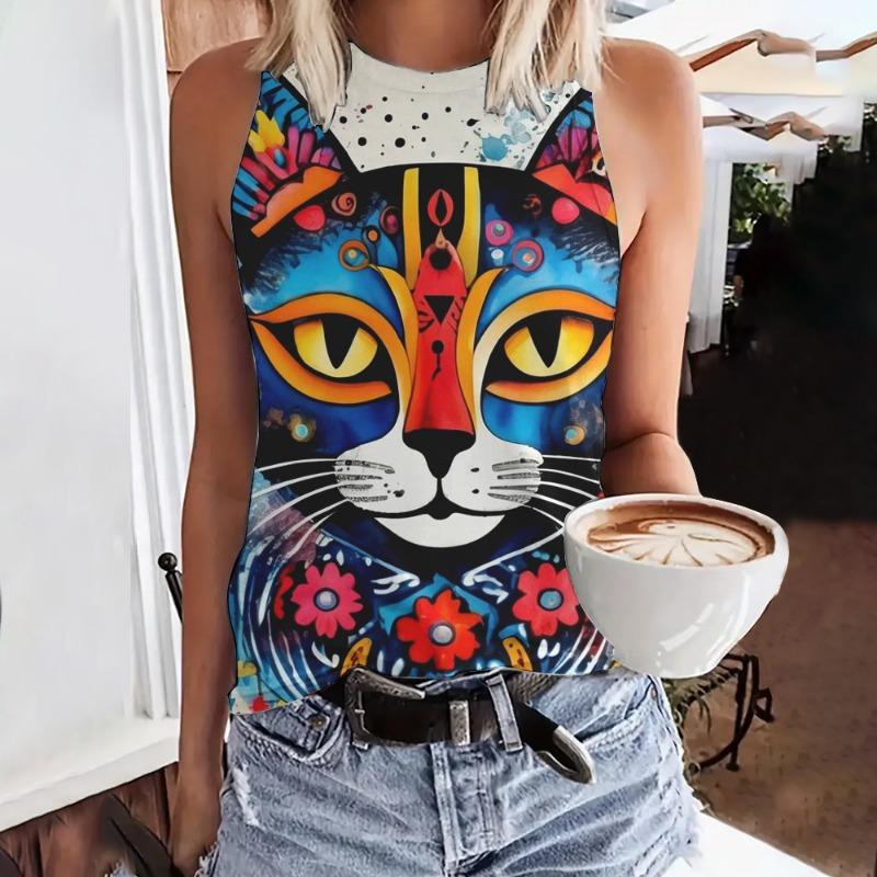 Summer Funny Face Cat 3D Print Tank Tops Women Fashion Streetwear Oversized O-Neck Oest Off Shoulder Sleeveless Woman Camisole