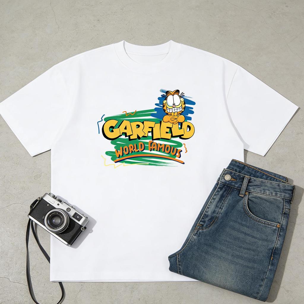 Garfield """FAMOSO IN TUTTO IL MONDO""" T-shirt a maniche corte con stampa di lettere "WORLD FAMOUS", Marchio Streetwear Americano Cotone Pesante Vestibilità Larga Oversize Top per Coppia