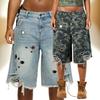 Pantaloni scurți Bermuda din denim cu talie medie și crac lat pentru femei, stil stradal, cu rupturi, franjuri, ochiuri, camuflaj, pantaloni scurți din denim de cinci inci, denim fără elastic