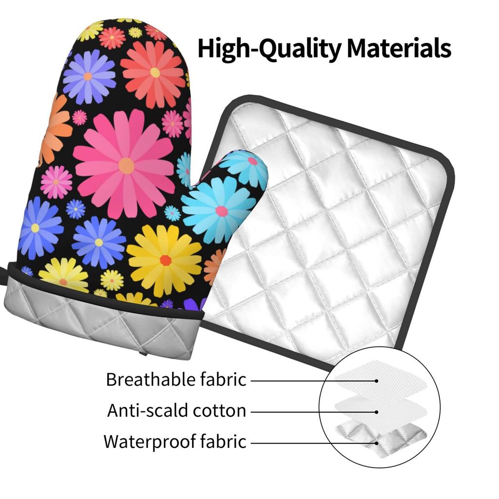 Flower Oven Mitts and Pot Holders Sets Heat Resistant 2 Pcs for Safe BBQ Cooking Baking Grilling