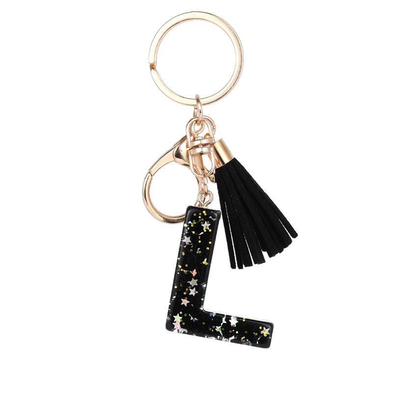 Black Glitter Star Sequins Resin 26 Letters Keychain Initials A-Z Keyring Tassel Charm Accessories Backpack Hanging Decoration