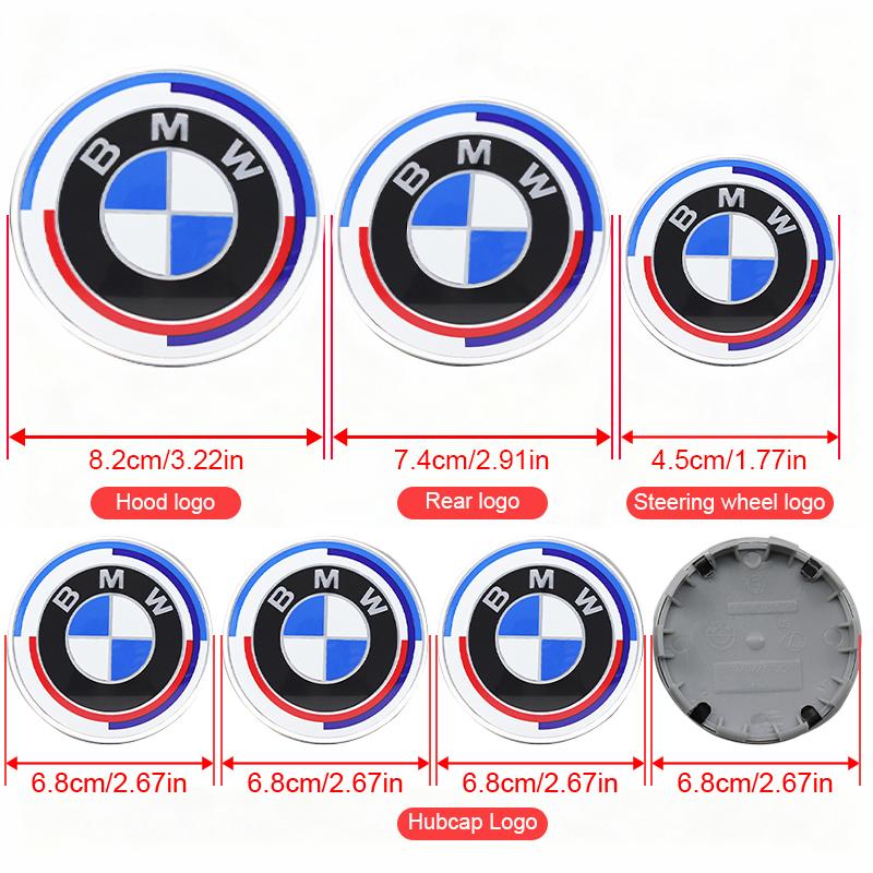 AAAON1 1/4/7Pcs Car Front Rear Logo Hub Center Cover Steering Wheel Center Emblem Stickers For BMW 50th Anniversary E60 E93 G01 E87 G20