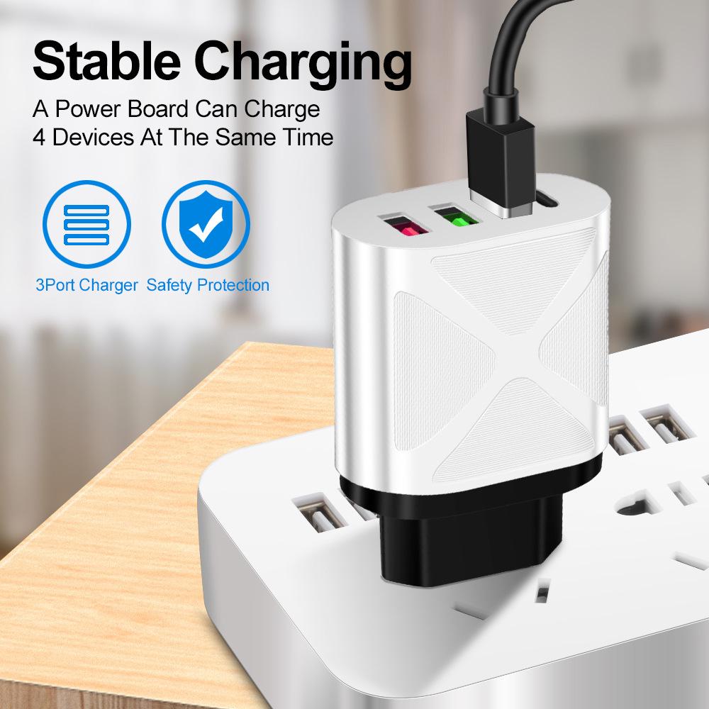 Universal Multi-Port Charger: 3 USB + Type-C, 5V/2.4A, EU/US/UK Plug, Travel/Home Use