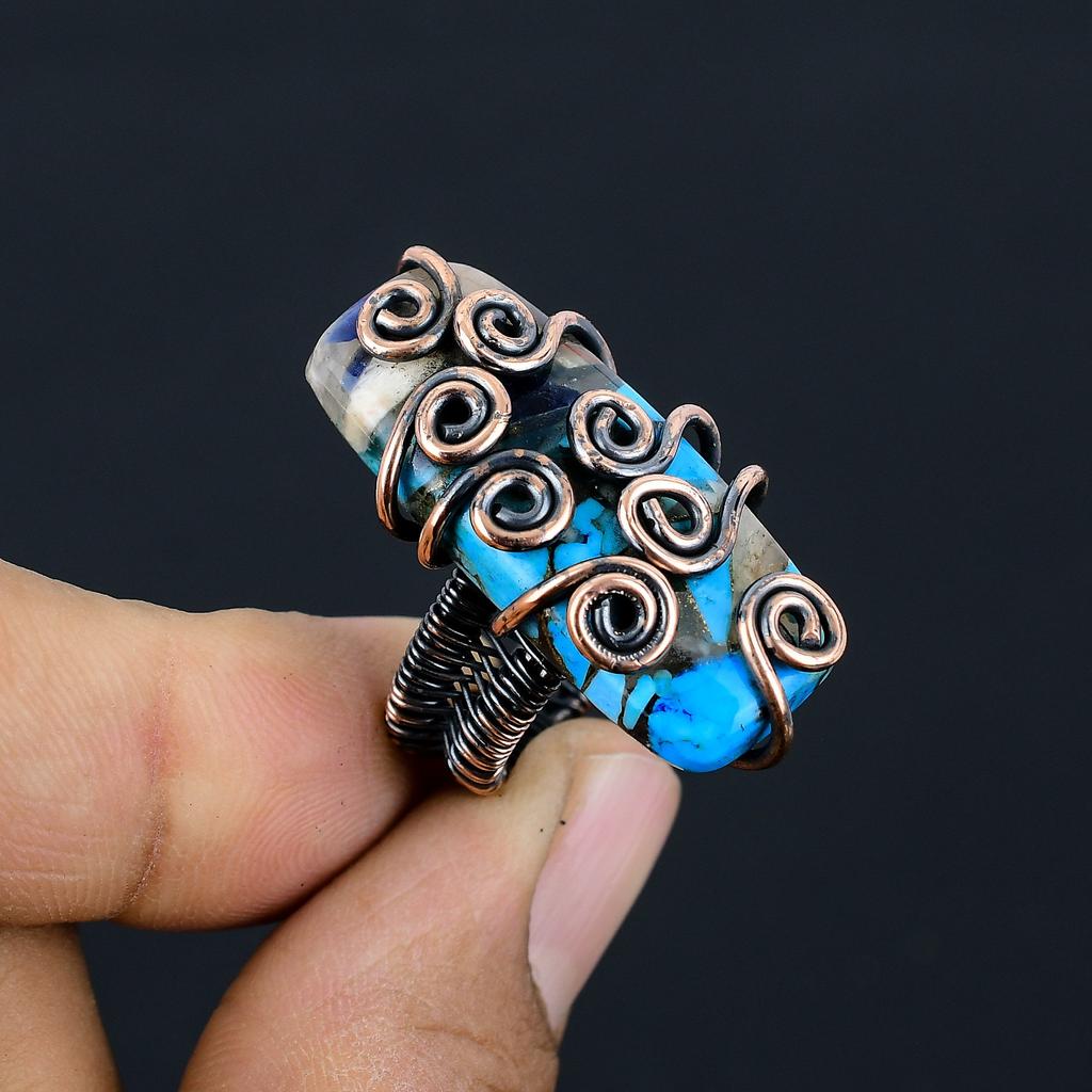 Natural Spiny Oyster Gemstone Handmade Copper Wire Wrap Gift Ring Size 7 e4F72