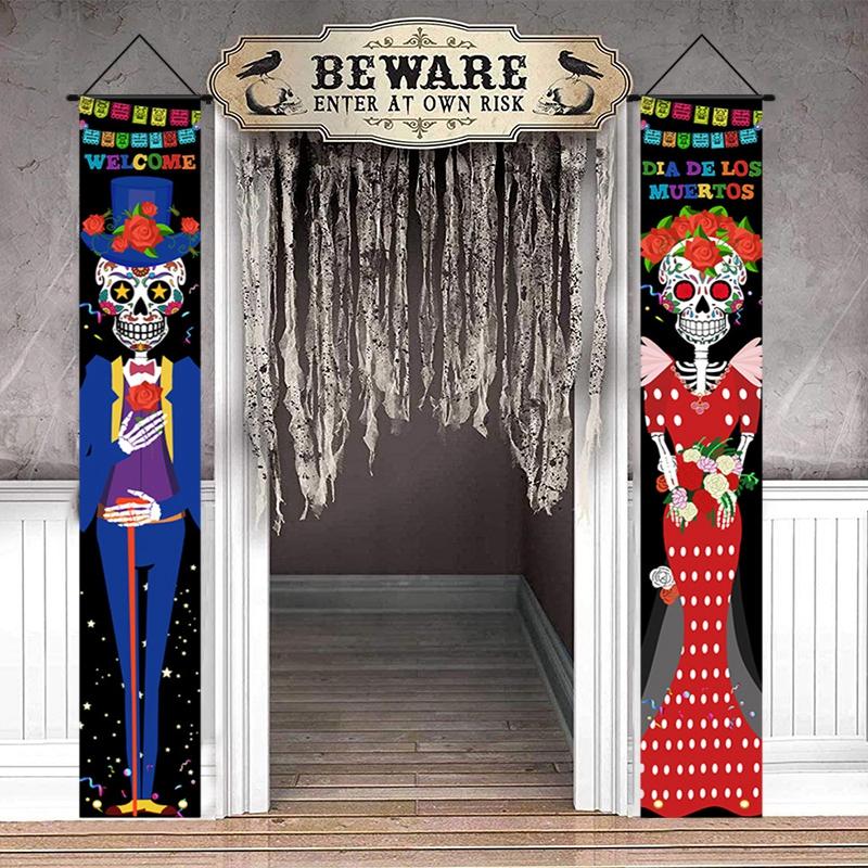 Mexican Day Of The Dead Hanging Flag Halloween Couplets Hanging Door Curtain Banner Skeleton Couple Ghost Hanging Banner Decor