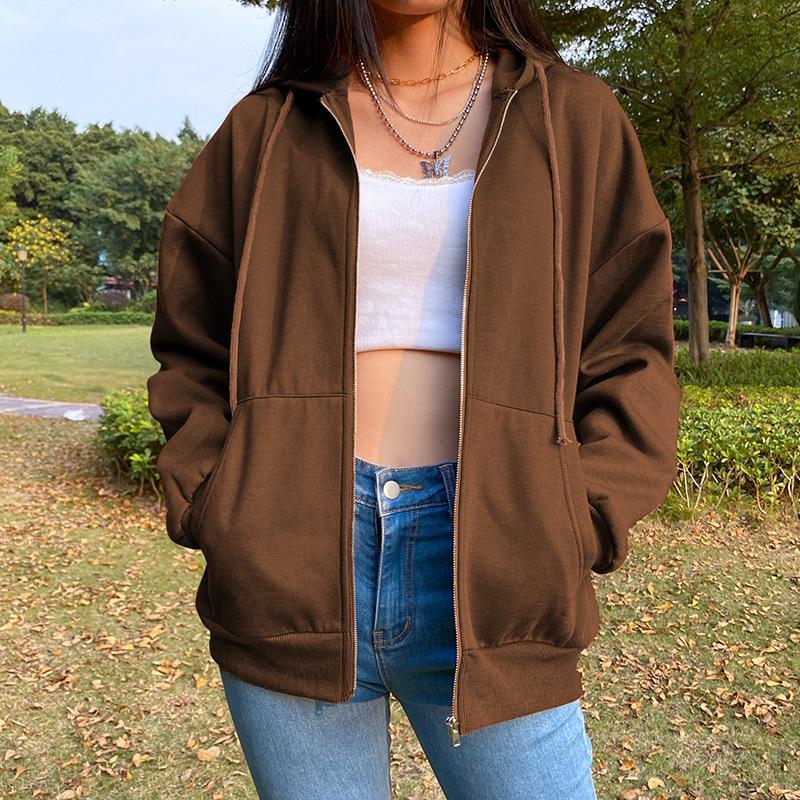 Women New Fall Fashion Casual Sport Loose Solid Color Hooded Sweatshirt Zipper Cardigan