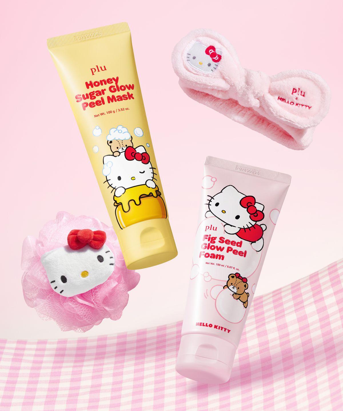 Sanrio Hello Kitty Honey Sugar Glow Peel Mask 100g / Shower Ball + Fig Seed Glow Peel Foam 150ml / Face Wash Headband