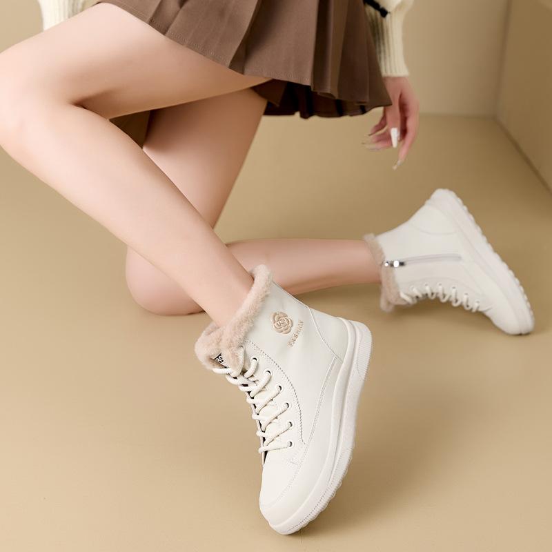Fashion GKTINOO Genuine Leather Sneakers Women Snow Boots Casual Platform High Top Lace-up Winter Warm Plush Ladies Casual Shoes