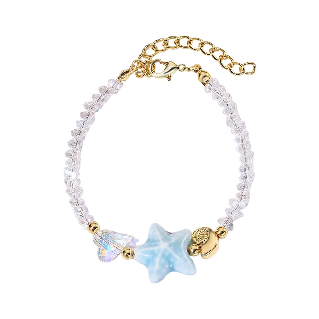 Handmade Ceramic Starfish Snail Beaded Bracelet With Sweet Crystals Accent Adjustable Length for Women Girls