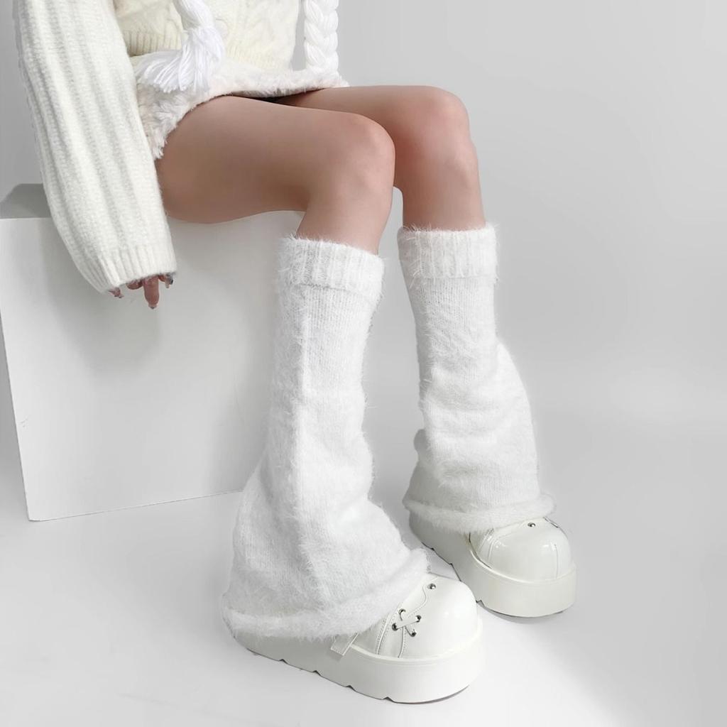 Autumn Winter Gray Series Gray Plush Warm Versatile JK Spice Girl Mid-calf Leg Warmers Y2K Wide-leg Cuffed Slouchy Leg Warmers