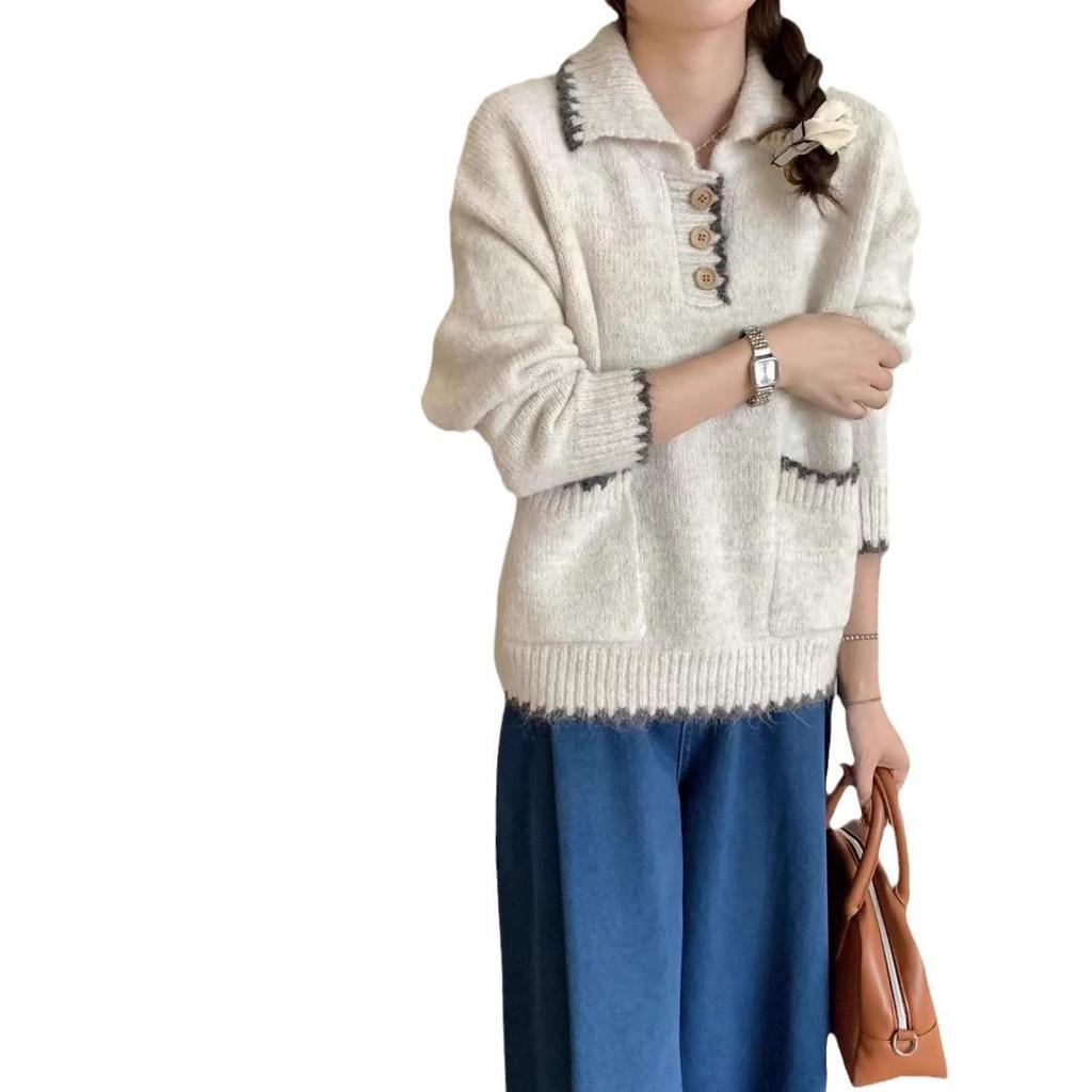 Korean Chic Soft Polo Collar Contrast Double Pocket Sweater for Women