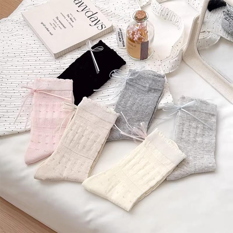 Mesh Breathable Mid-calf Socks - Summer Lightweight Style with Openwork, Lace-up, and Bow Details - Exquisite Mid-calf Women's Socks