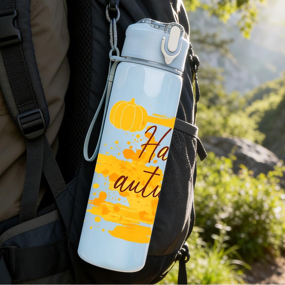 1PC Happy Autumn Fall Text Art Pattern 750ml Color Plastic Sports Water Bottle Leakproof Flip Straw Lid Suitable for Sports Office Home Use