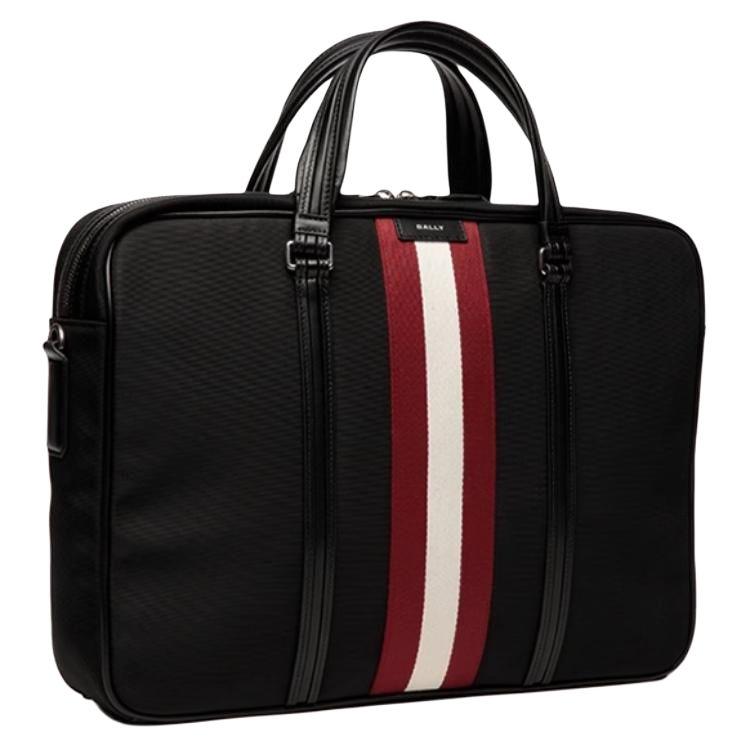Bally Striped Decorative Zipper Closure Fabric And Leather Briefcase Large Men Briefcase Black 6308533