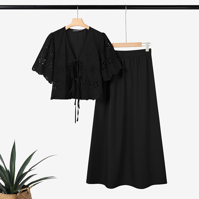 

ZANZEA Женский комплект из двух предметов: блузка с коротким рукавом и вязаная крючком юбка, летний S чёрный