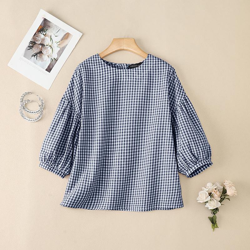 

ZANZEA Women Casual Round Neck 3/4 Sleeve Loose Grid Print Blouse 3XL Темно-синій