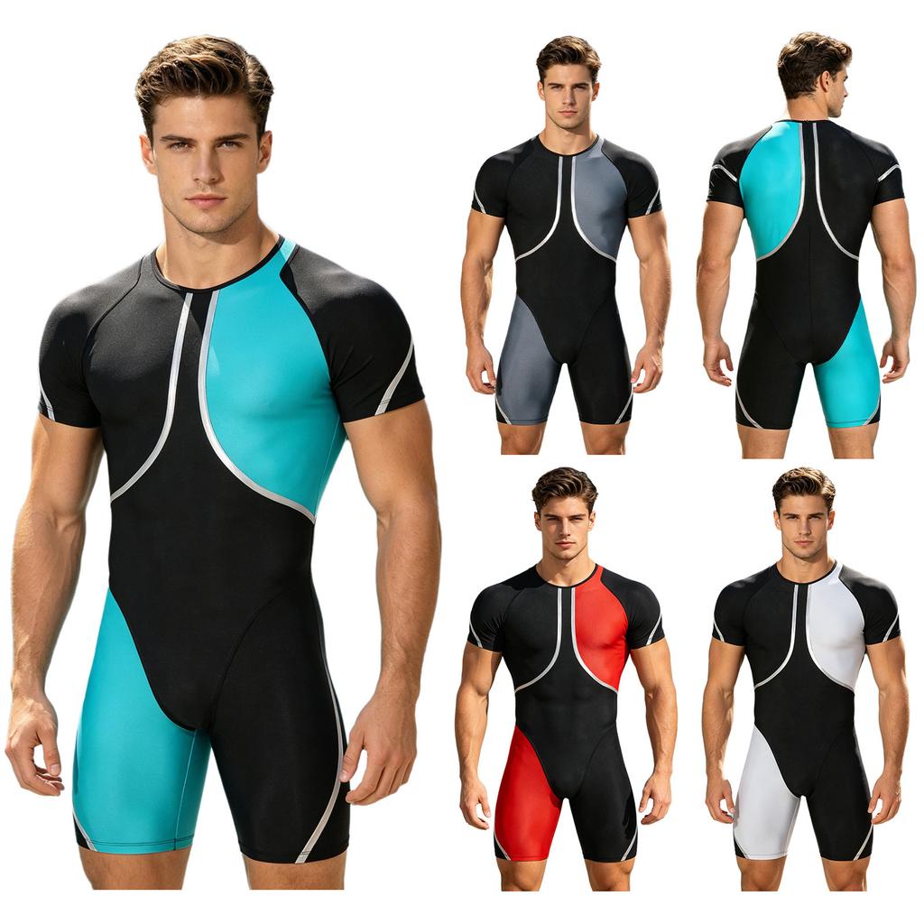Herren Einteiler Badeanzug Kurzarm Hinten Unsichtbarer Reißverschluss Metallische Verzierungen Color Blocking Jumpsuit Oberschenkellang Body Badebekleidung