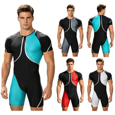 Men One-piece Swimsuit Short Sleeve Back Invisible Zipper Metallic Trim Color Blocking Jumpsuit Thigh Length Bodysuit Swimwear