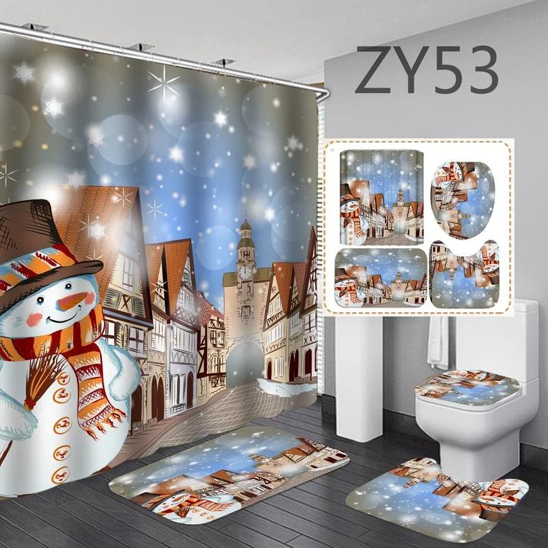 4PCS/Set Christmas Bathroom Curtains Set Santa Claus Shower Curtain Toilet Cover Mat Non Slip Rug Waterproof Shower Curtain