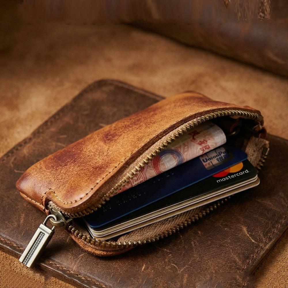Handmade Vintage Genuine Leather Coin Purse Mini Zipper Wallet Cowhide Key Holder Small Pouch Retro Change Bag for Men Women