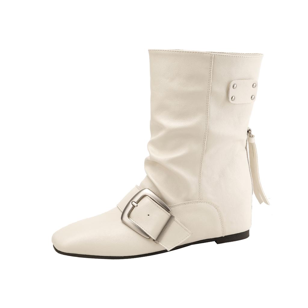 Autumn and winter new round head soft leather thin boots inner height increase short boots women's metal buckle temperament high heel white boots
