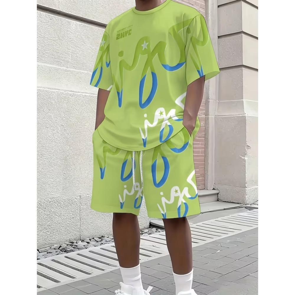 Summer Fashion Men's Personalized Fun Letter 3D Printing Two-piece Set Fashionable Comfortable Breathable Loose Large Size Sports Wear