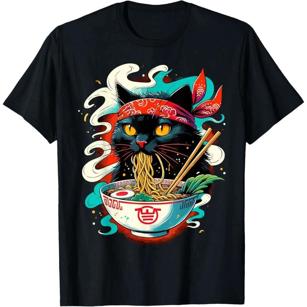 Round Cute Cat Smoke Hot Lamian Noodles Cartoon Printed T-shirt Vintage Pure Cotton Personality Short Sleeve for Men and Women