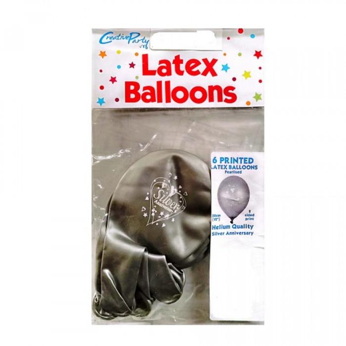 Creative Party Latex Pearlised Silver (25th) Wedding Anniversary Balloons (Pack of 6)