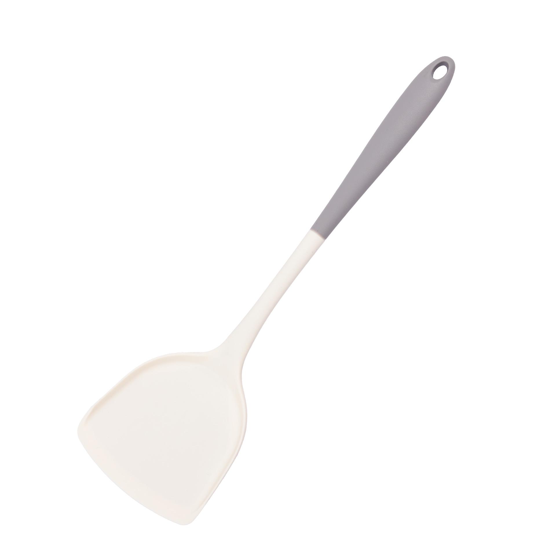 Gray & White Silicone Cooking Utensil Set: Spatula, Wok Spatula, Soup Ladle, Rice Spoon, Skimmer - Heat Resistant.