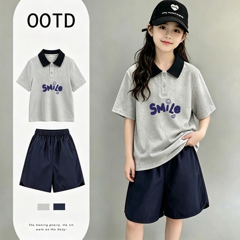 Stylish Girls' Cotton Short-Sleeve Polo Shirt Set for Ages 6-12 - Medium to Large Trendy Patchwork Design