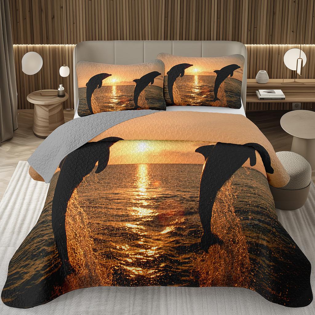 Cute Dolphin Bedspread Twin/King Reversible Grey Quilted Coverlet Ocean Animal Bedding Set 2/3 Pieces Soft Lightweight Quilt Set