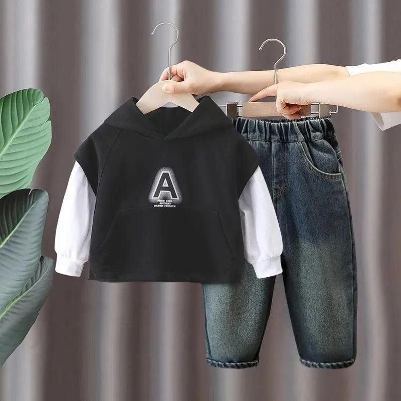 Boys  Autumn Outfit New Style Two-Piece Set with Hooded Color-Blocked Sweatshirt Trendy and Stylish for Spring and Autumn 90(Top + Pants) чёрный