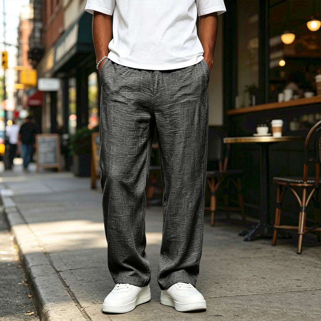 Men's Cotton Linen Casual Pants with Pockets Color Breathable Trousers for Summer