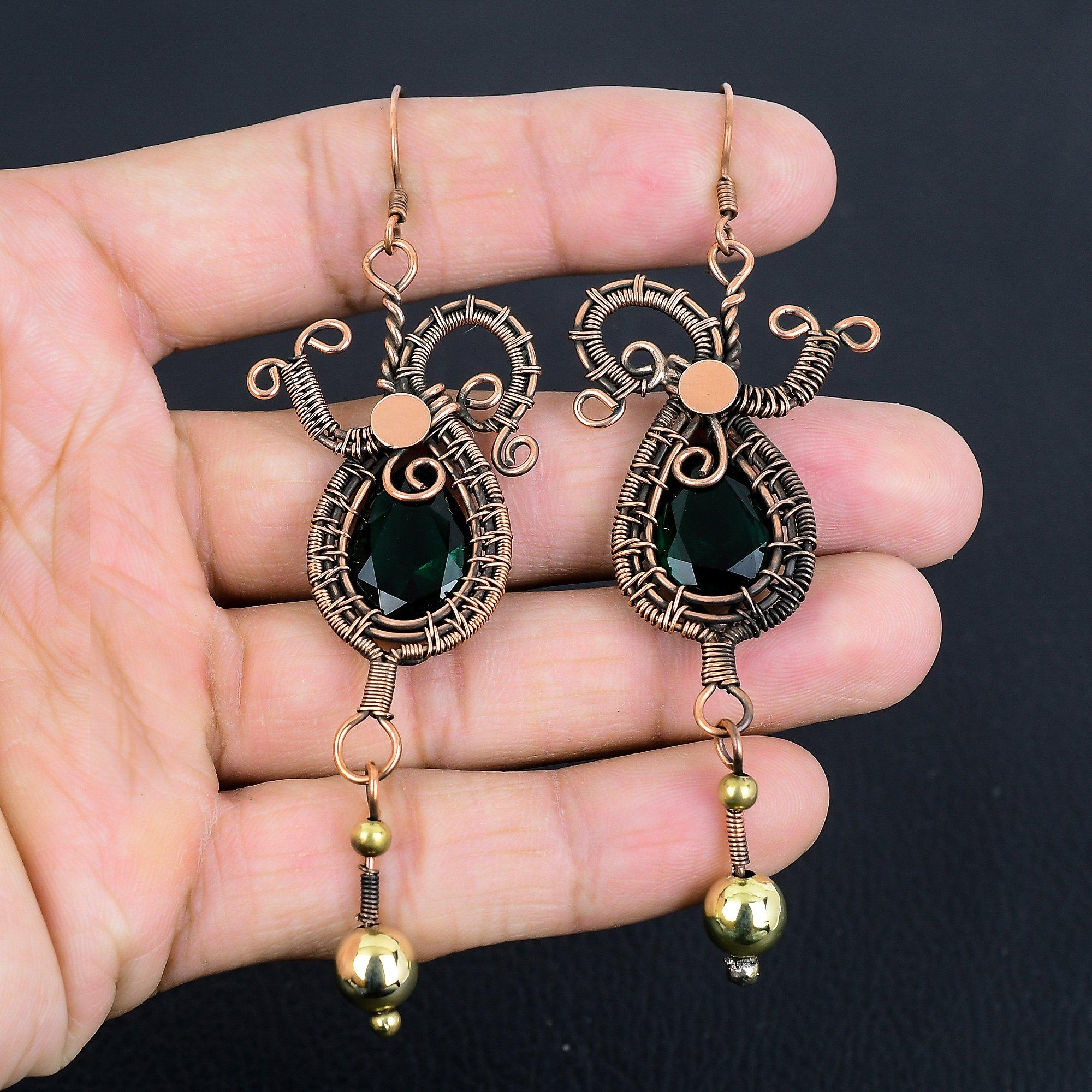 

Chrome Diopside Handmade Gemstone Earrings,999 Copper Wire Wrapped Earrings, Unique Design Jewelry Earrings 3.55 Inches