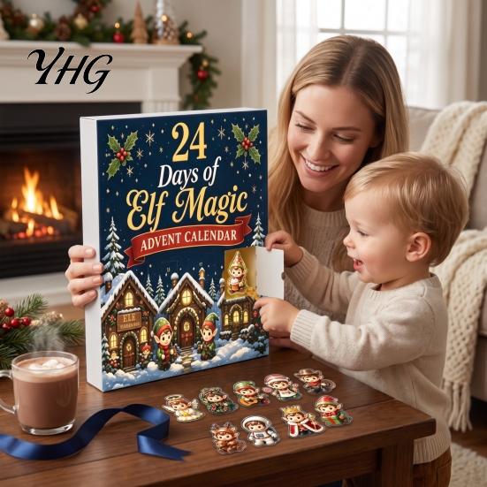 Cute Cartoon Elf Collectibles Magic Advent Calendar, 24 Day Acrylic 2D Ornament Set with Unique Christmas Gift for Children Mini Figures, Tree Hanging
